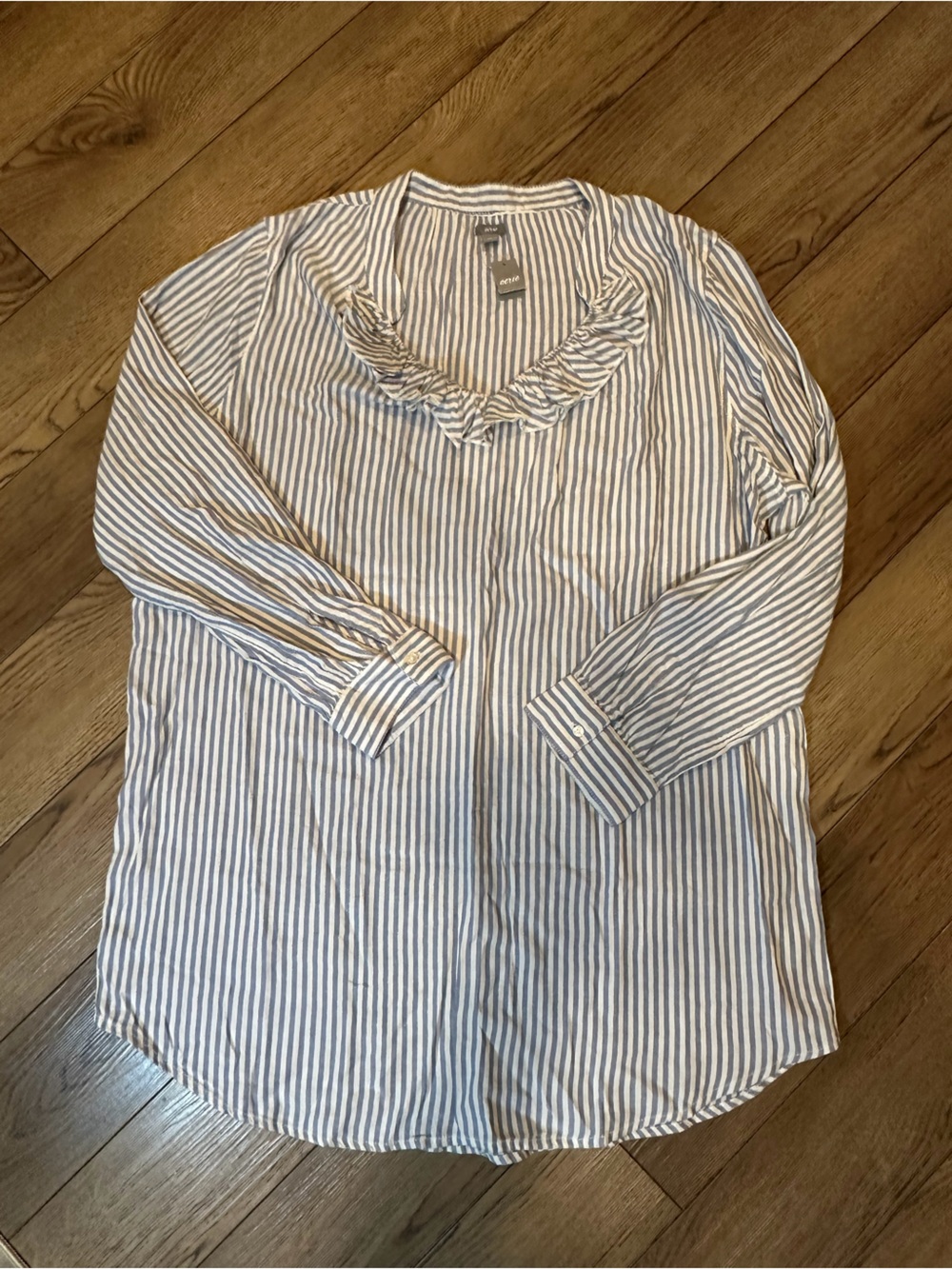aerie Blue & White Striped Ruffle V-Neck Button-Down Shirt